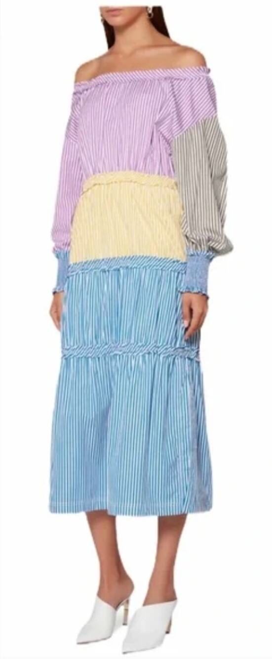 CF Goldman Multicolor Stripe Off the Shoulder Long Sleeve Poplin Midi Dress